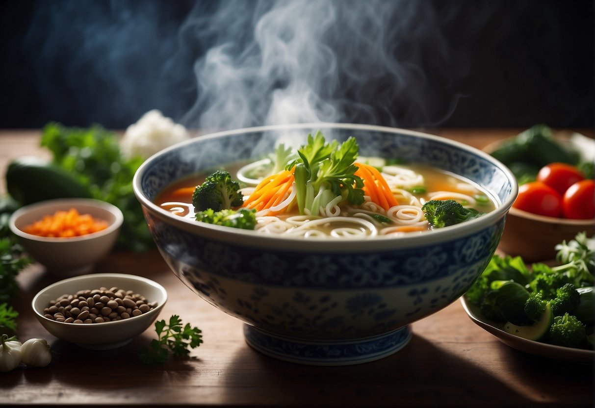 A steaming bowl of Chinese soup surrounded by fresh summer vegetables and herbs, with a vibrant and inviting atmosphere