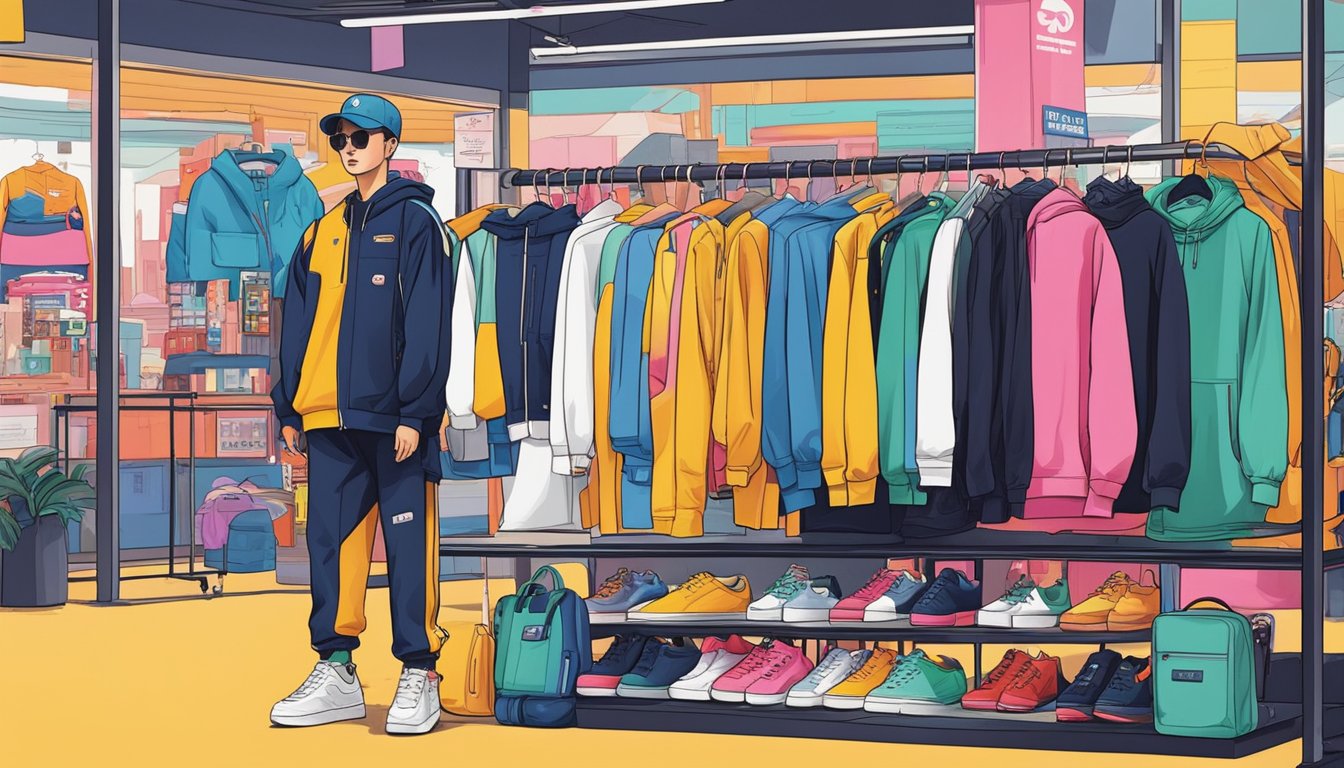 Vibrant Korean streetwear brands on display in a bustling urban market. Bold colors, graphic prints, and modern silhouettes catch the eye of passersby