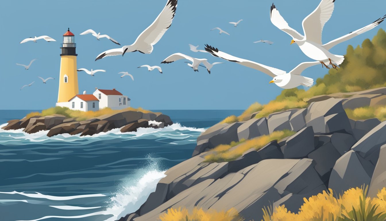 A rugged coastline with historic harbors, lighthouses, and fishing boats. Seagulls soar above as waves crash against the rocky shore