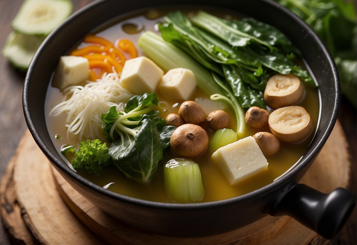Fresh vegetables, herbs, and spices arranged around a steaming pot of Chinese soup. Ingredients include tofu, bok choy, mushrooms, and ginger
