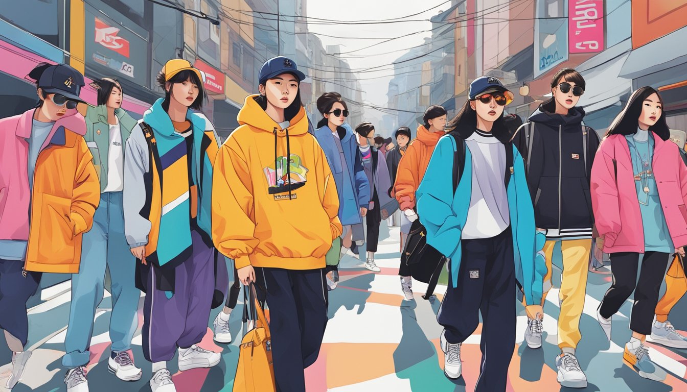 A bustling Korean street filled with vibrant, youthful fashionistas showcasing the evolution of Korean streetwear brands through bold colors, unique patterns, and modern silhouettes