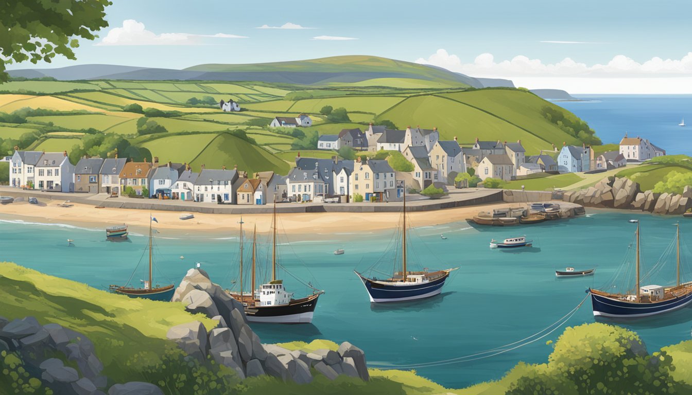 The scene depicts a coastal town in County Down, with historic ships and fishing boats lining the harbor. The town is surrounded by rugged cliffs and rolling green hills, with the sea stretching out into the distance