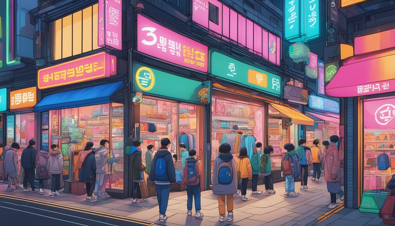A bustling Seoul street lined with vibrant storefronts showcasing iconic Korean streetwear brands. Neon signs and colorful displays catch the eye of passersby