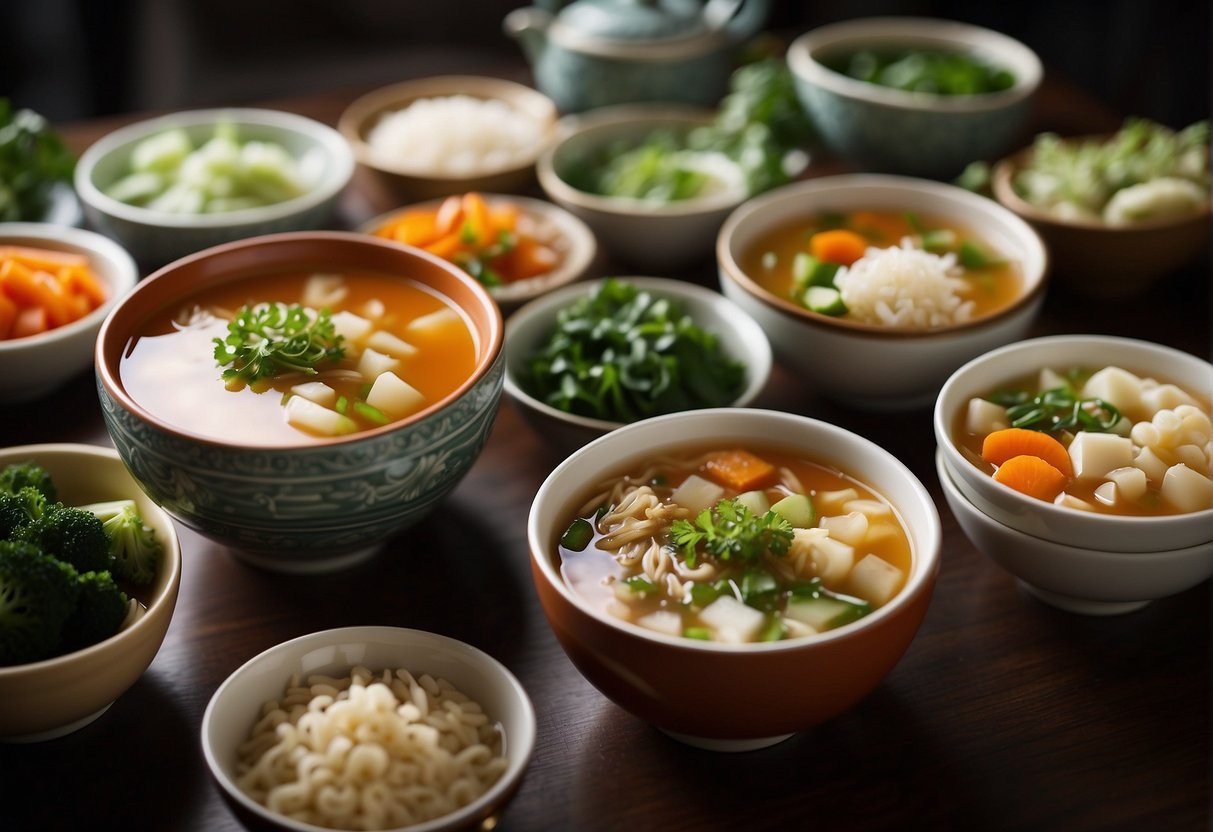 A table filled with colorful bowls of Chinese soup, featuring fresh vegetables and lean proteins, showcasing seasonal and dietary variations