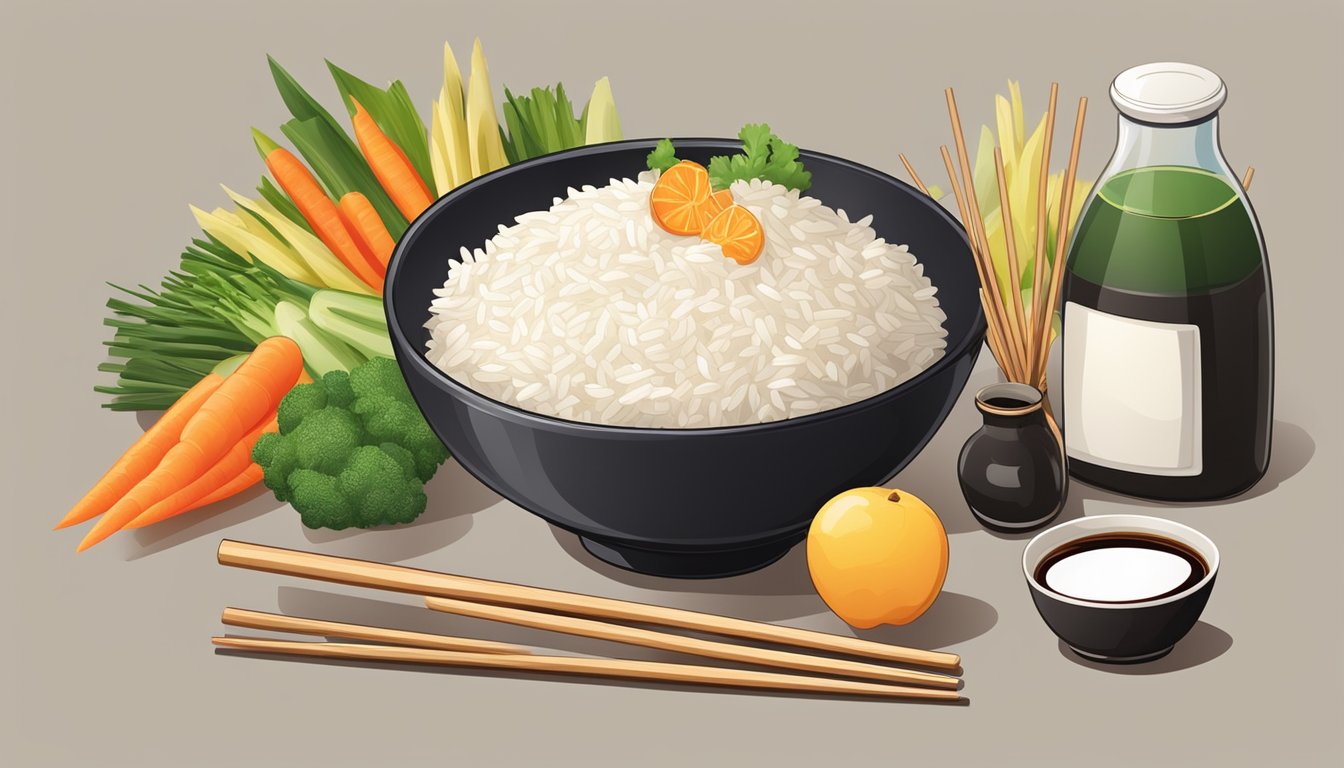 A bowl of steaming rice surrounded by colorful, fresh vegetables and fruits, with a bottle of soy sauce and a pair of chopsticks nearby