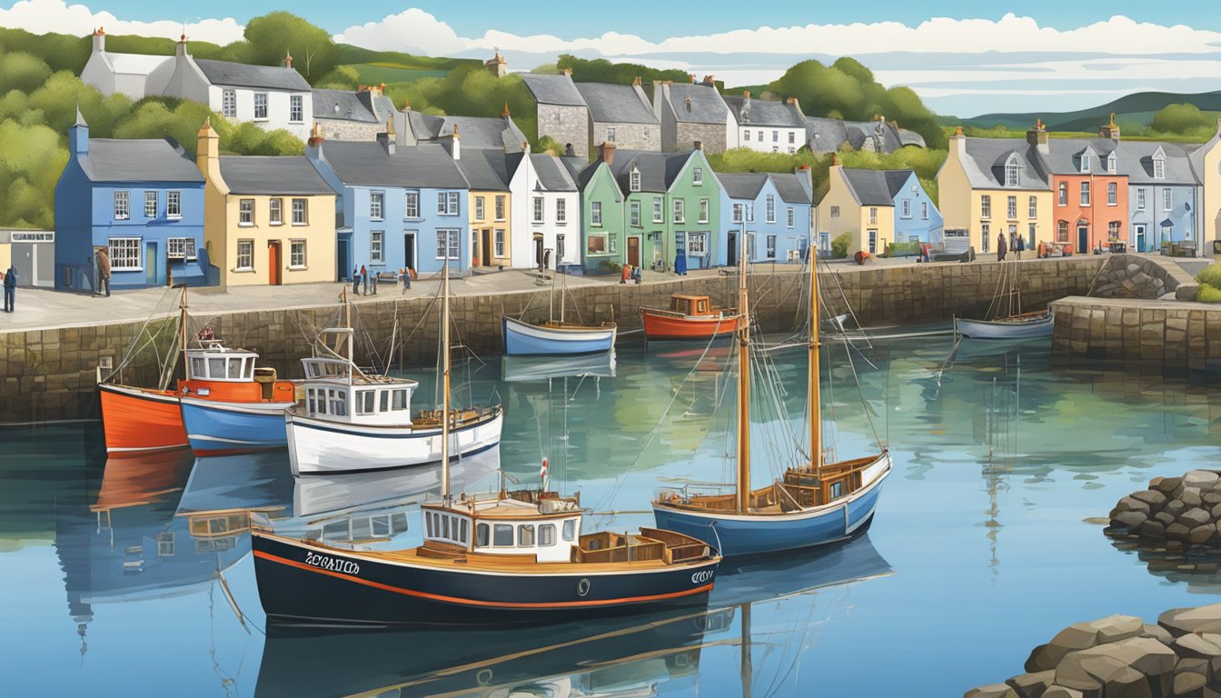 The scene depicts a coastal town in County Down, showcasing maritime heritage and cultural significance through traditional fishing boats and historic waterfront buildings