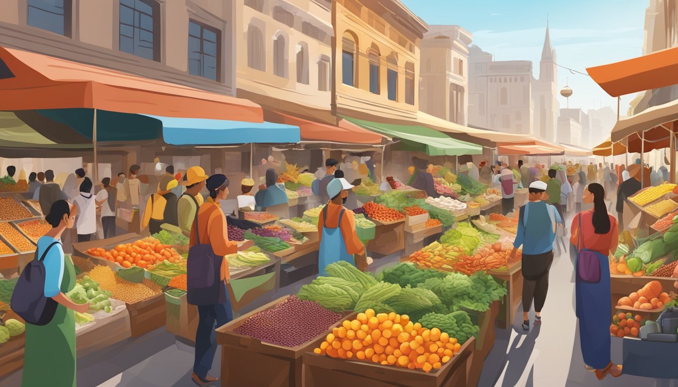 A bustling outdoor market with colorful displays of fresh produce and exotic spices, surrounded by eager shoppers and bustling food stalls