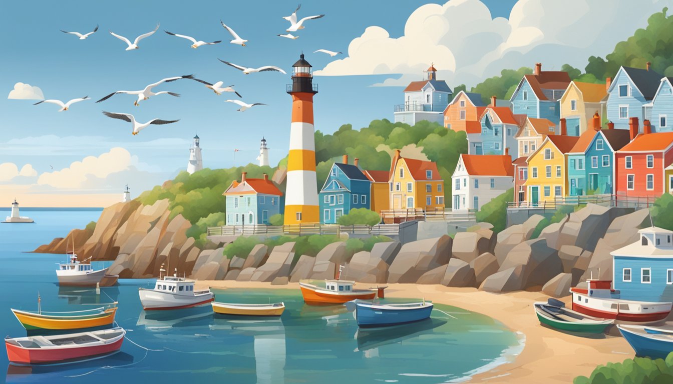 A coastal town with colorful fishing boats lined up along the harbor, a historic lighthouse standing tall on the rocky shore, and seagulls soaring above the rugged cliffs