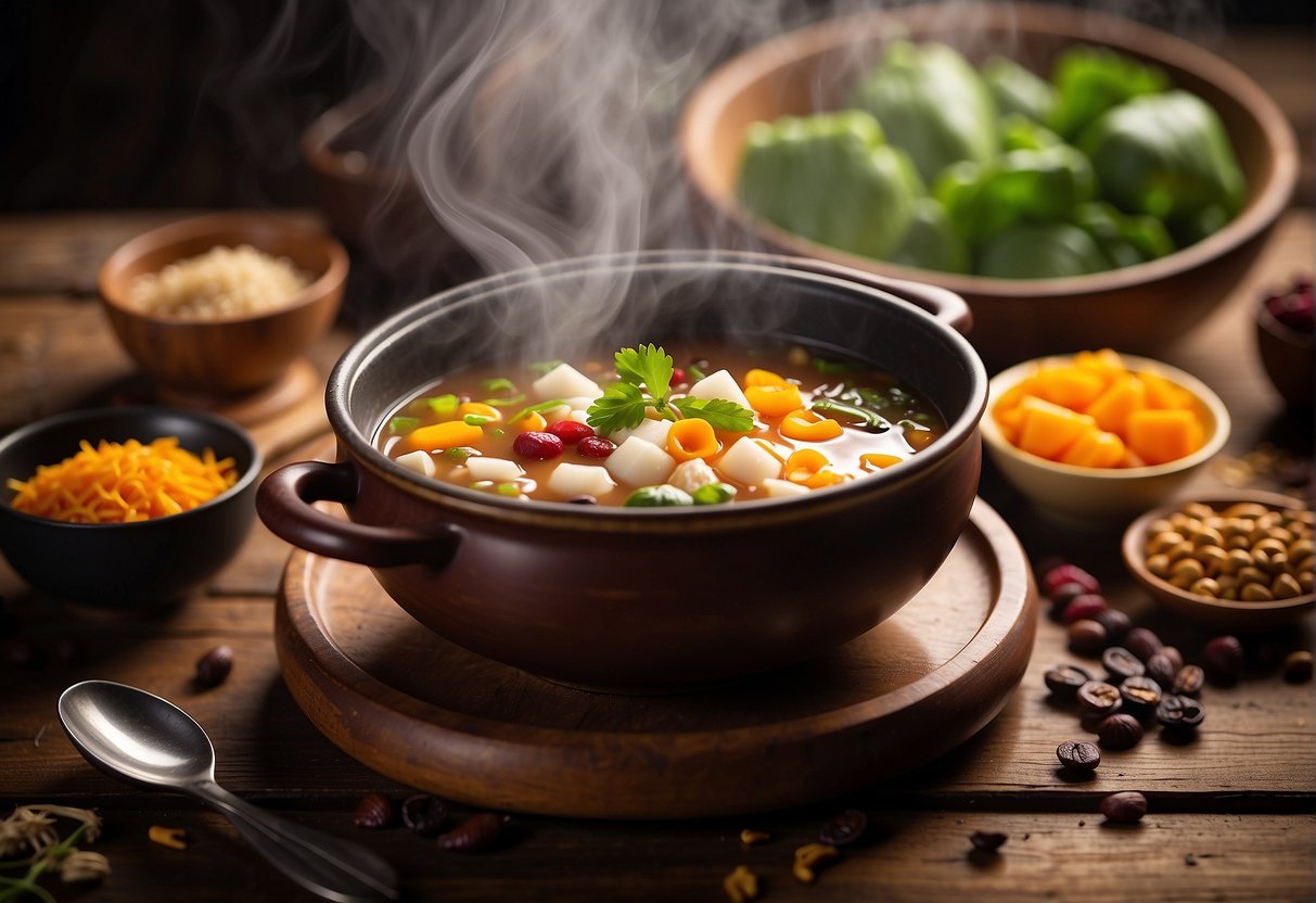 A steaming pot of sweet Chinese soup sits on a rustic wooden table, surrounded by colorful ingredients like red bean paste, lotus seeds, and dried fruit