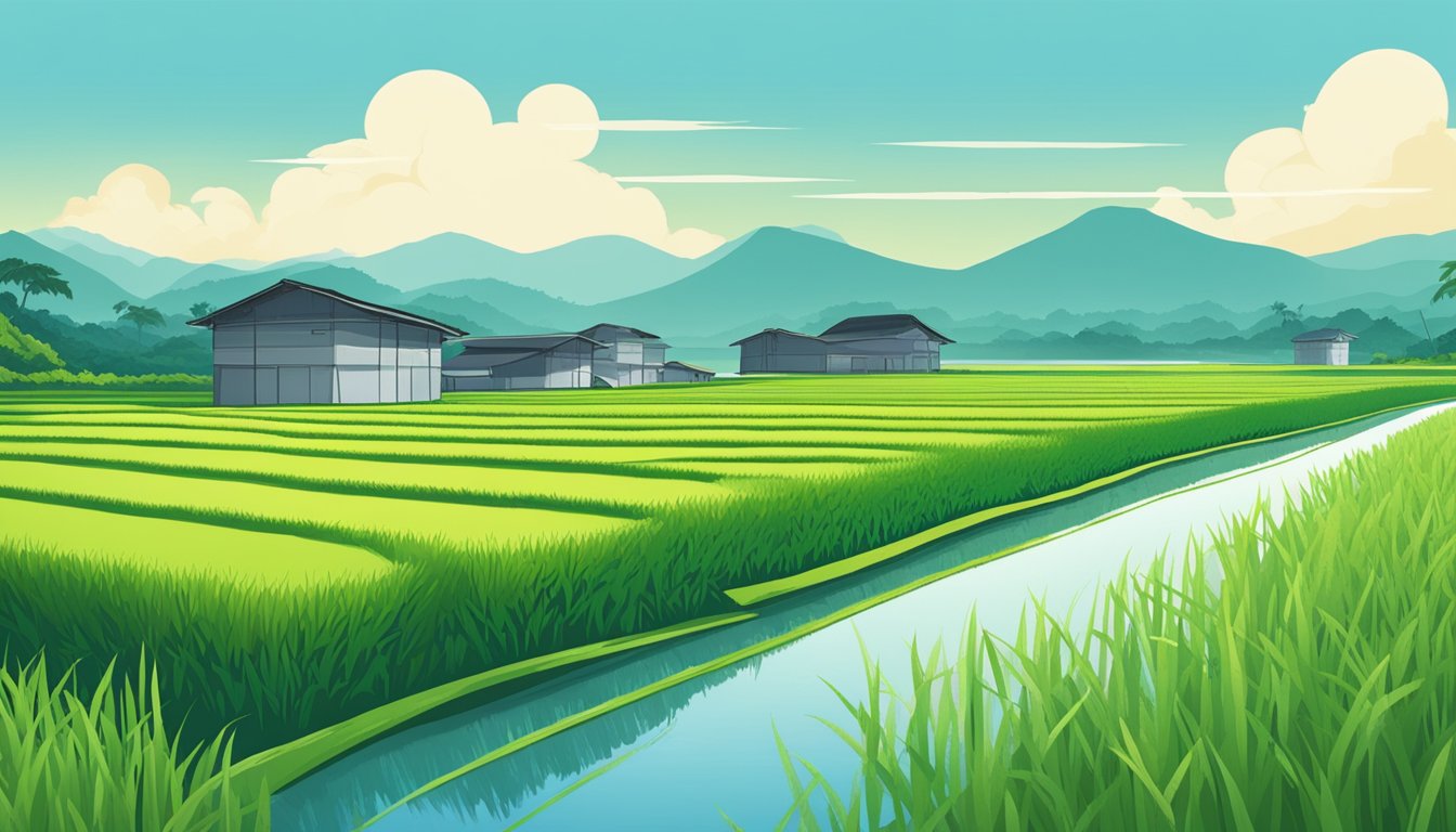A lush green rice paddy stretches out under a clear blue sky, with a modern, eco-friendly rice mill in the background. The brand's logo is prominently displayed, emphasizing sustainable practices and quality assurance