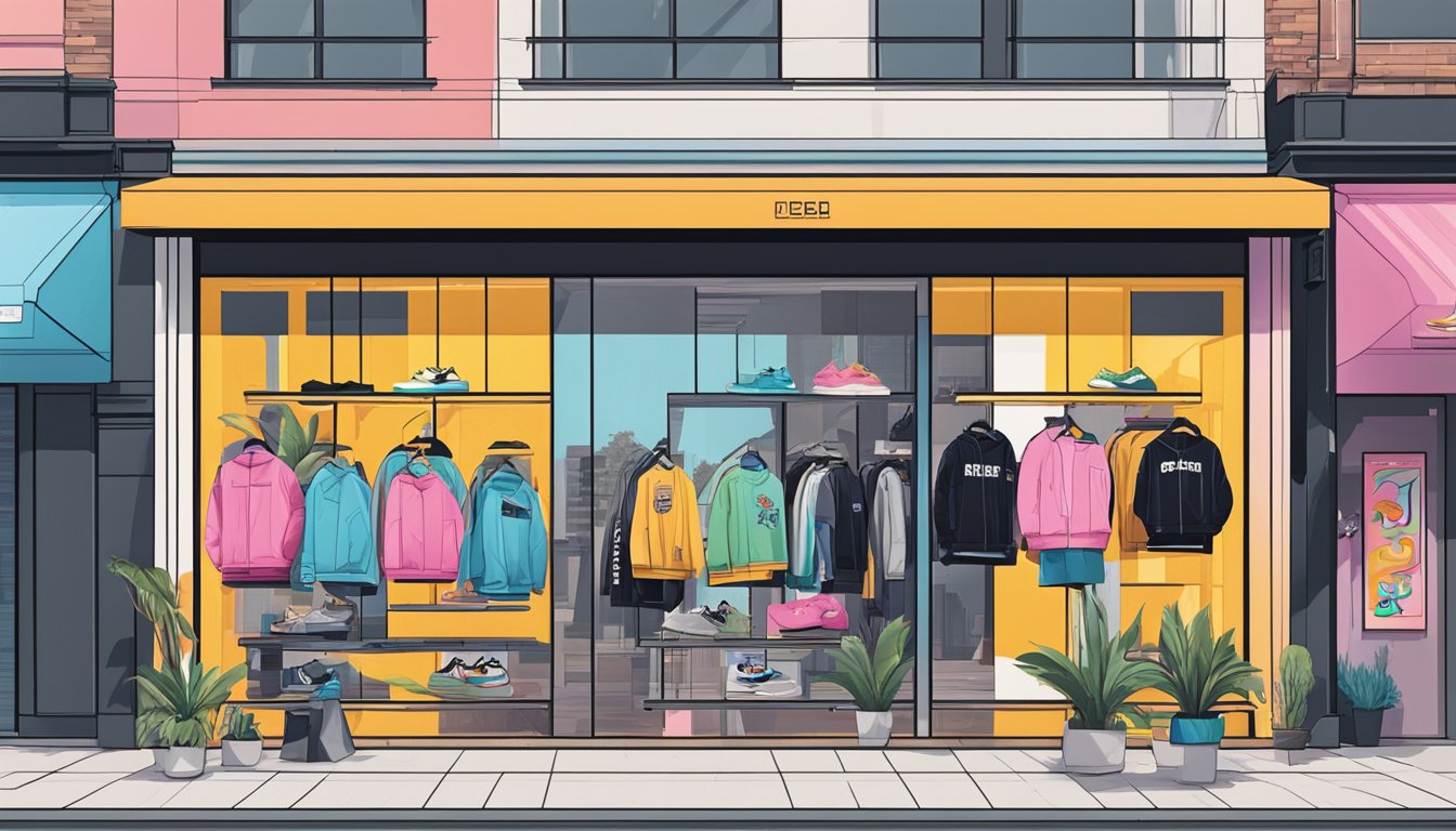 Vibrant streetwear storefronts with bold typography and graphic prints, showcasing Korean fashion aesthetics and design elements