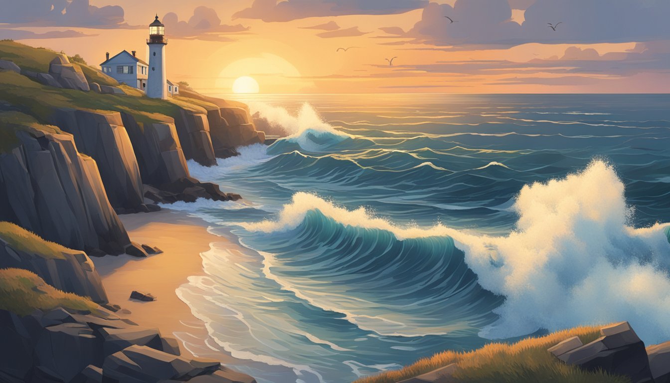 The sun sets over a rugged coastline, where waves crash against ancient stone structures. Seabirds soar overhead, while a lighthouse stands tall against the fading light