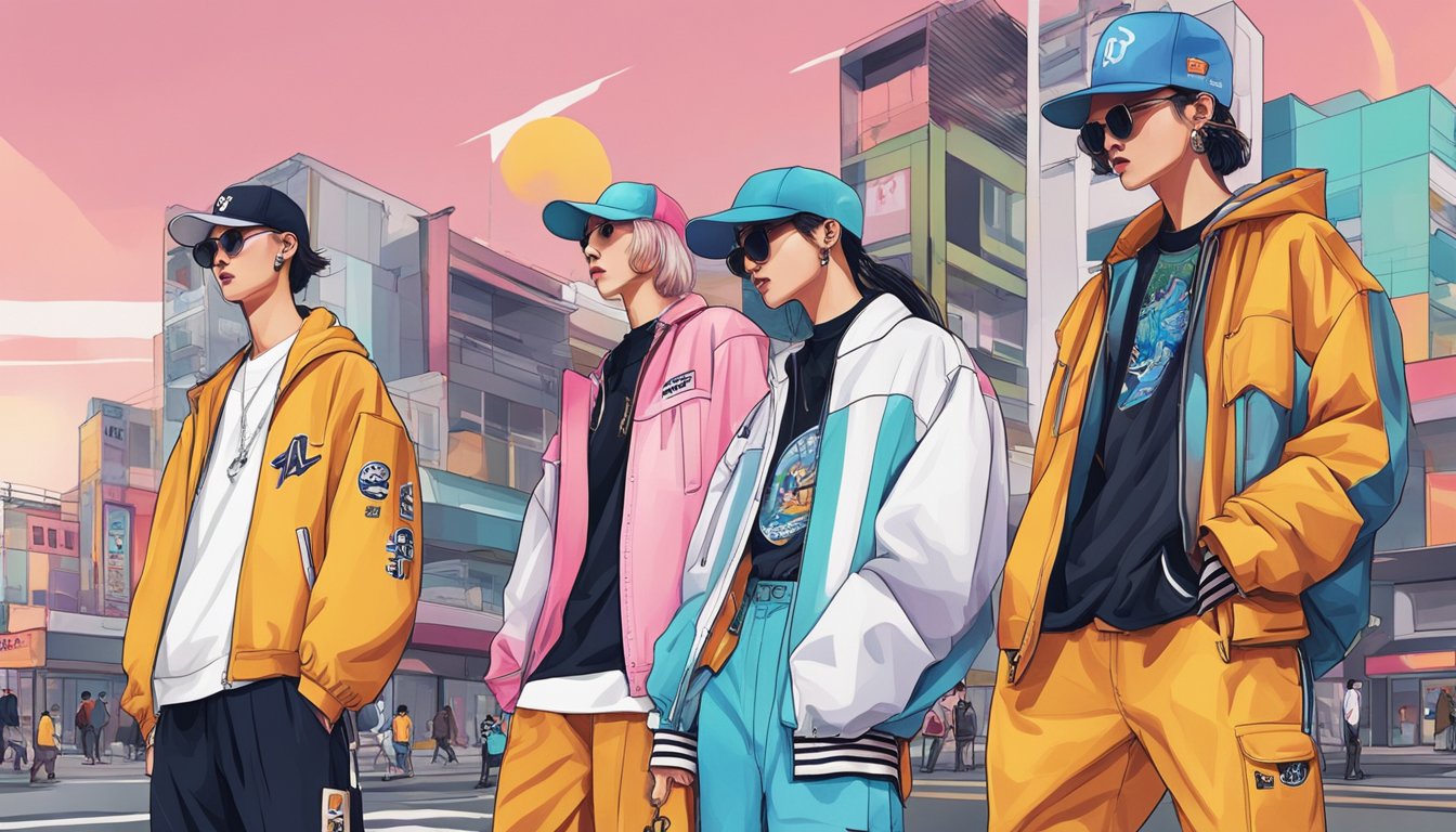 Vibrant Korean streetwear brands displayed in urban setting with modern and traditional elements, capturing cultural fusion and future fashion trends