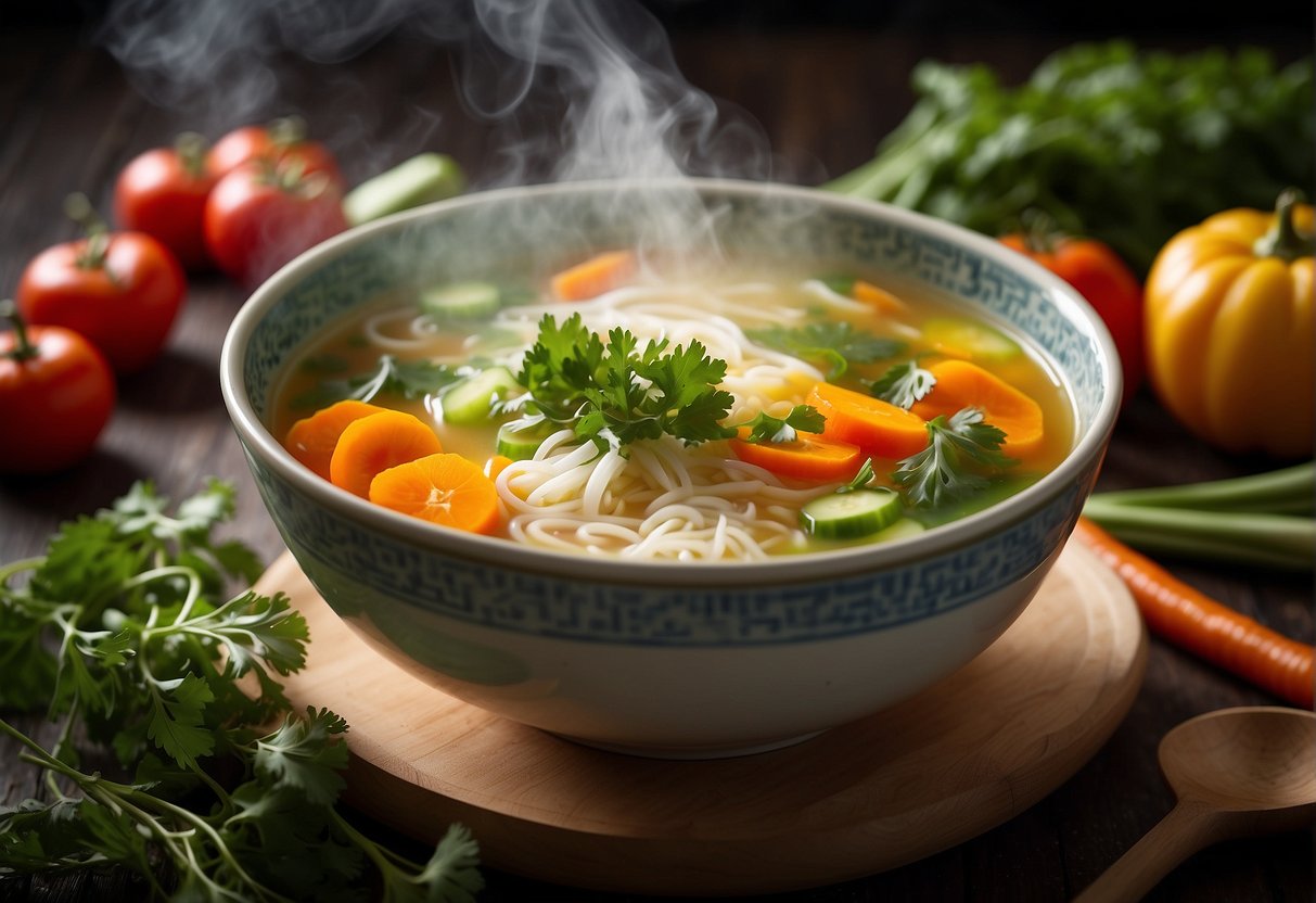 A steaming bowl of Chinese soup surrounded by fresh, colorful vegetables and herbs, with a spoon resting on the side