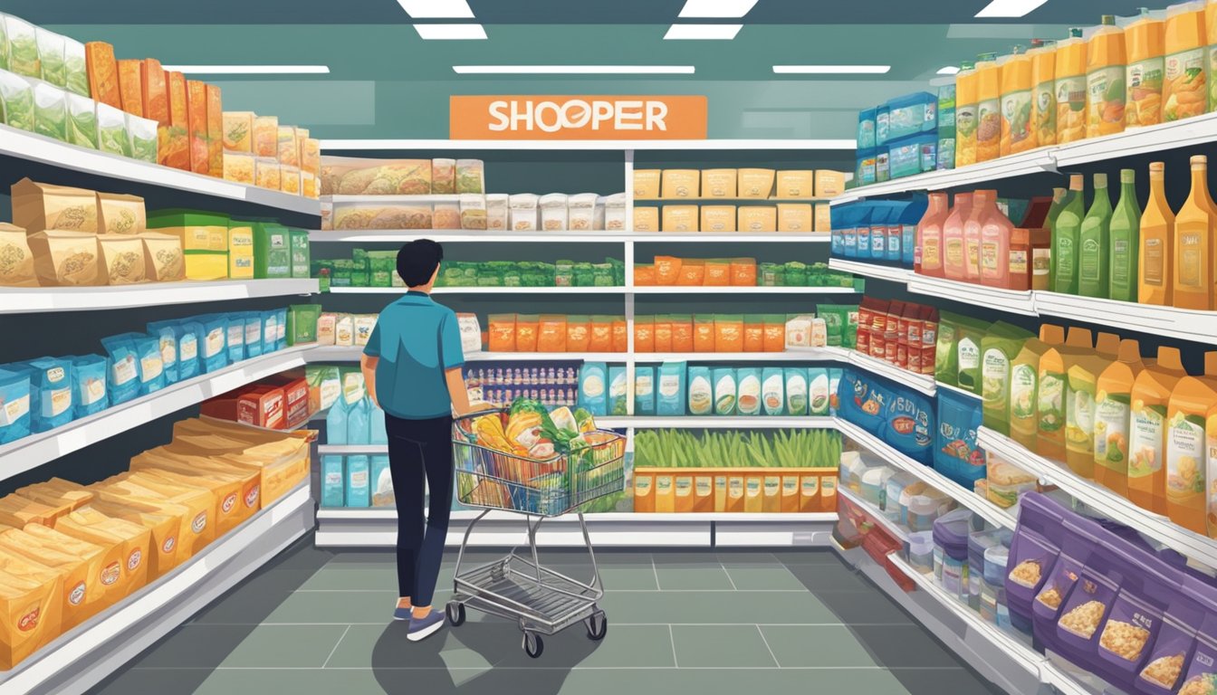 A shopper selects between various rice brands in a Singaporean grocery store