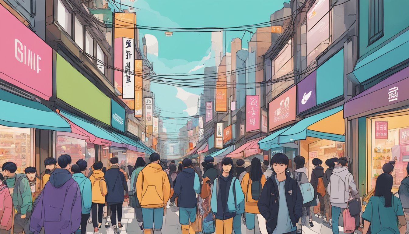 A bustling Korean street lined with vibrant storefronts, showcasing trendy and unique streetwear brands. Pedestrians weave through the crowd, admiring the latest fashion trends on display