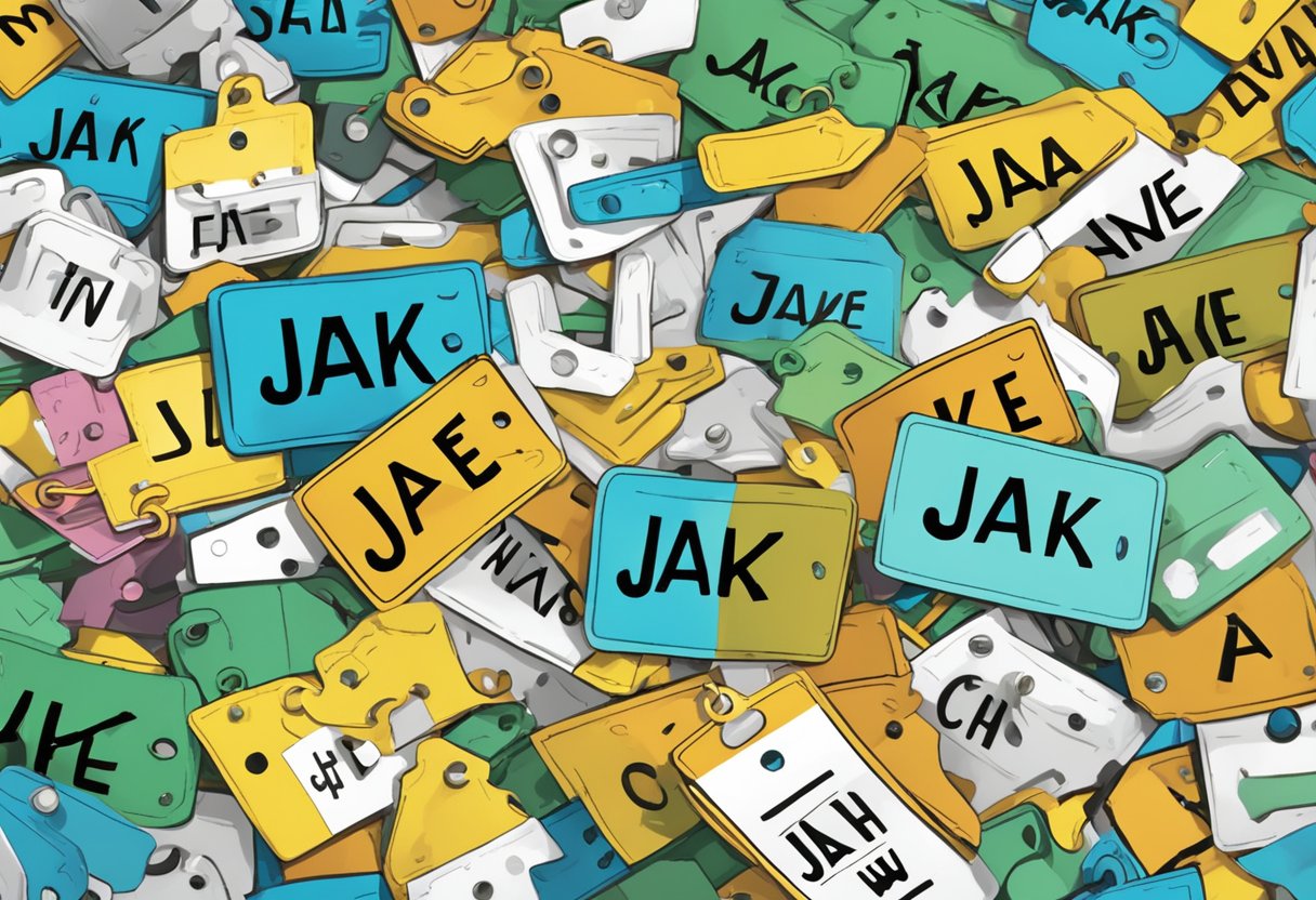 A name tag with "Jake" on it hangs from a hook, surrounded by question marks and various other shortened names