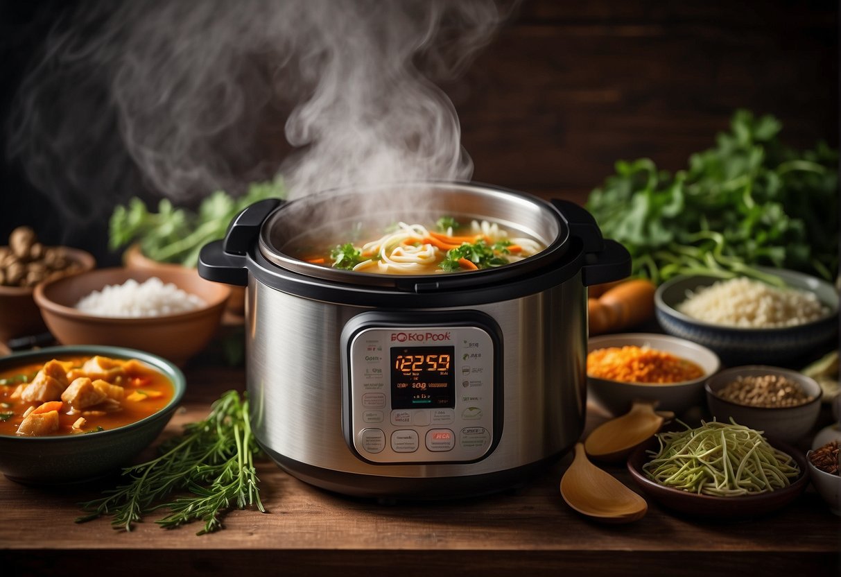 A steaming instant pot filled with fragrant Chinese soup ingredients, surrounded by traditional spices and herbs