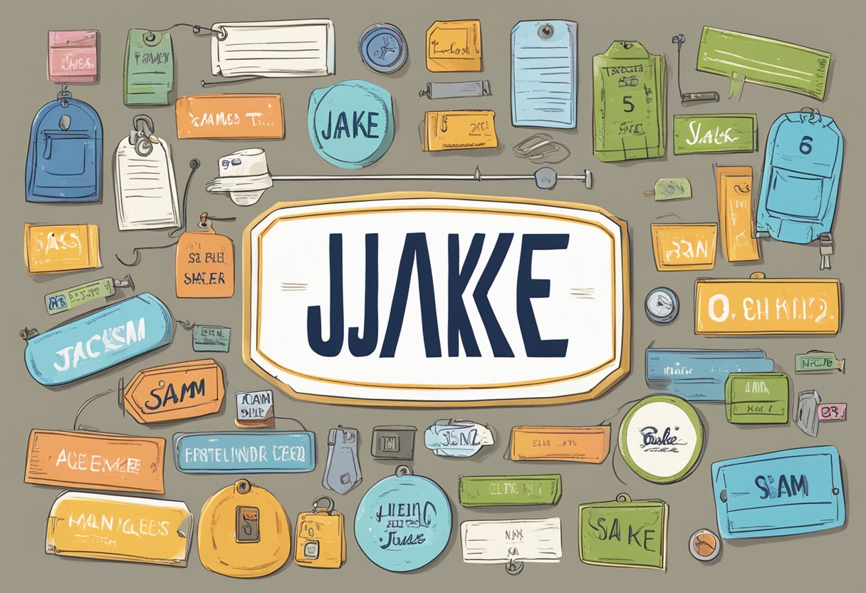 A name tag with "Jake" written on it, surrounded by other nicknames like "Sam" and "Chris"
