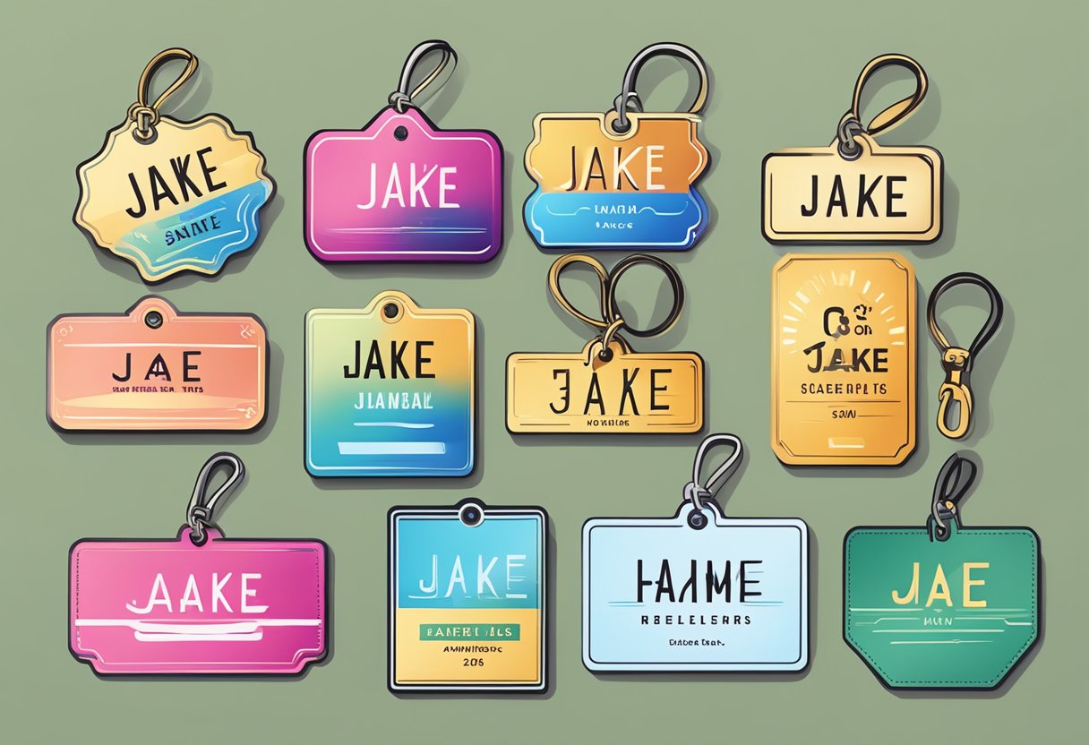 A collection of name tags with "Jake" written in different fonts and styles