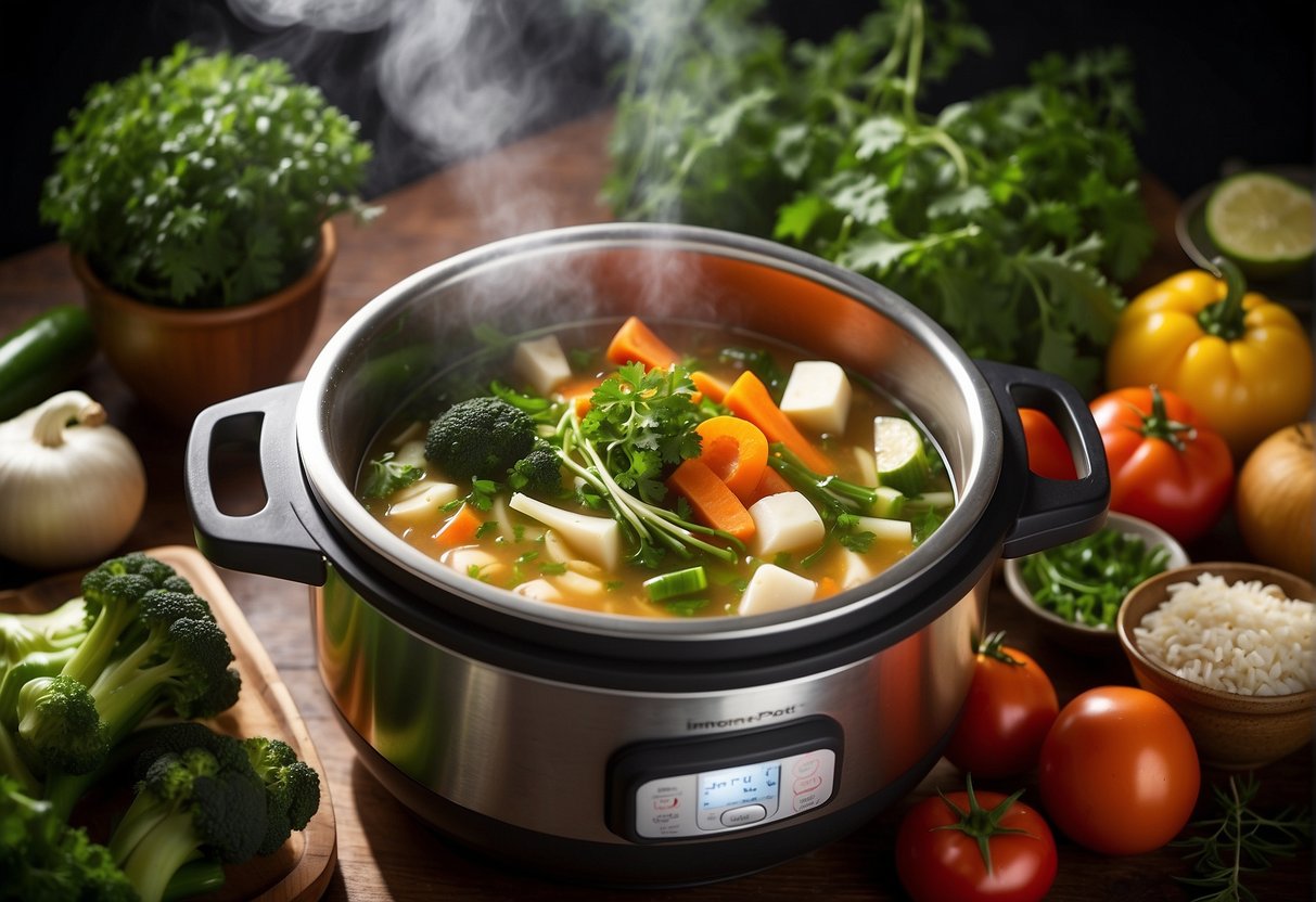 A steaming Instant Pot filled with Chinese soup ingredients, surrounded by fresh vegetables and aromatic herbs