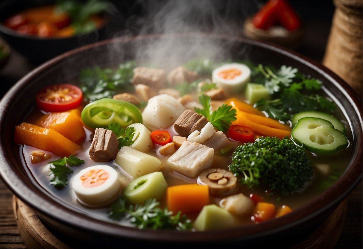 A steaming pot of Chinese soup surrounded by fresh ingredients and traditional spices