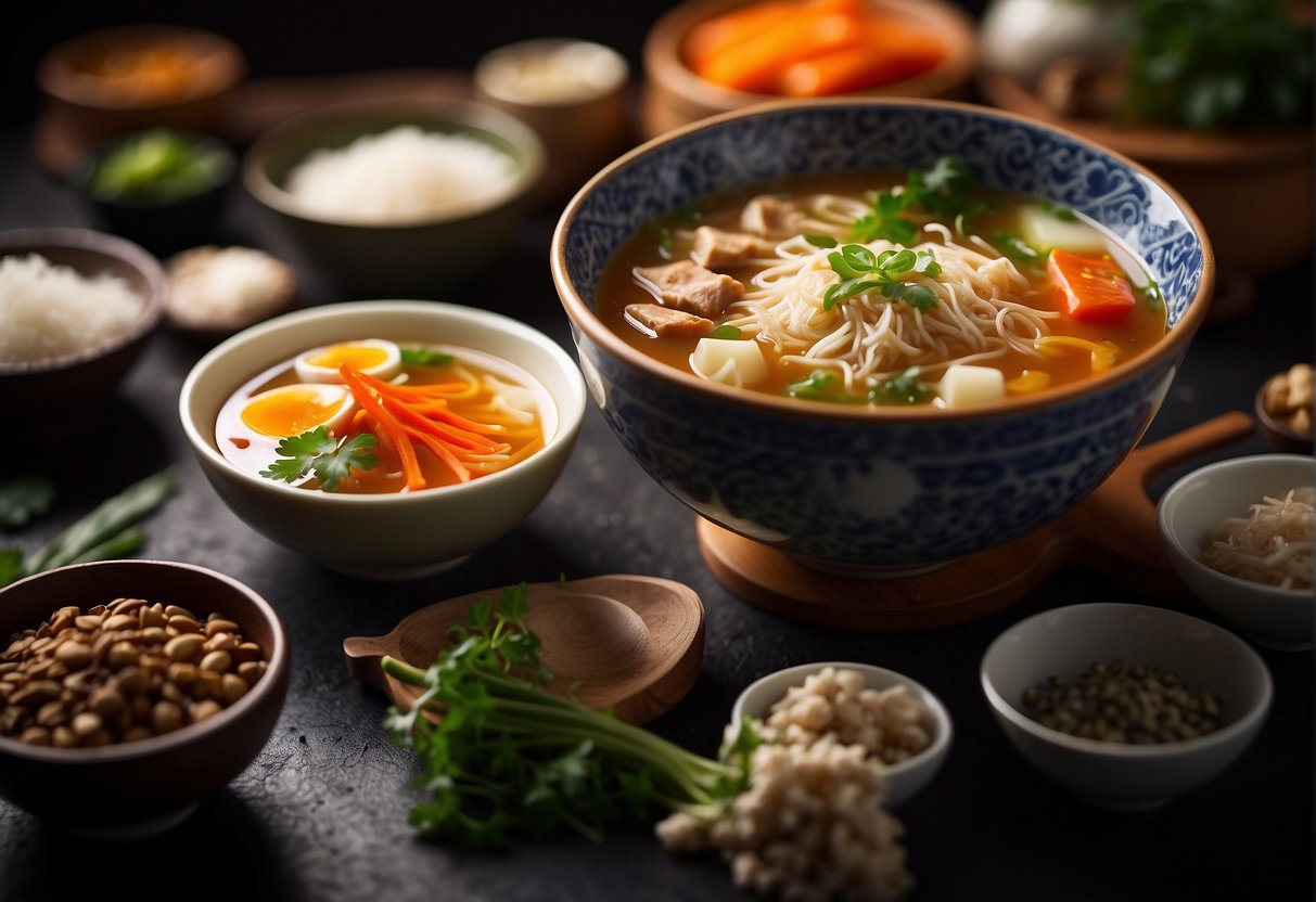 A steaming bowl of Chinese soup surrounded by traditional Singaporean ingredients and spices