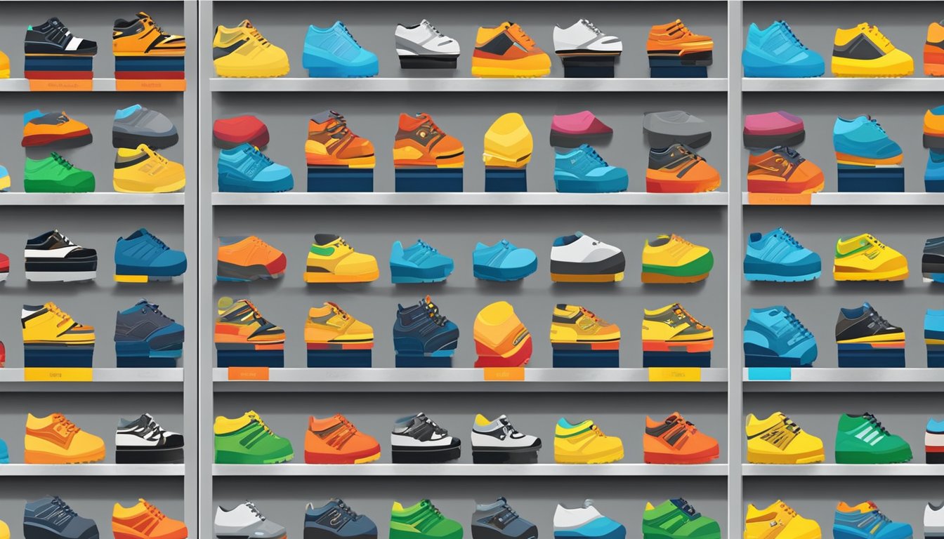 Various safety shoe brands arranged on a store shelf. Brightly colored boxes with logos and labels. Different styles and sizes displayed