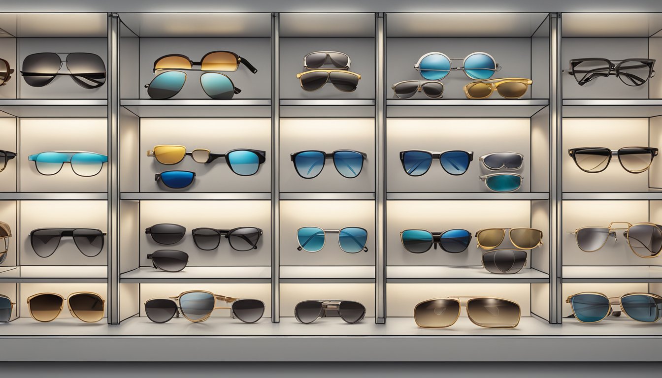 A display of various sunglasses brands arranged on a sleek, modern shelf with spotlights highlighting each pair