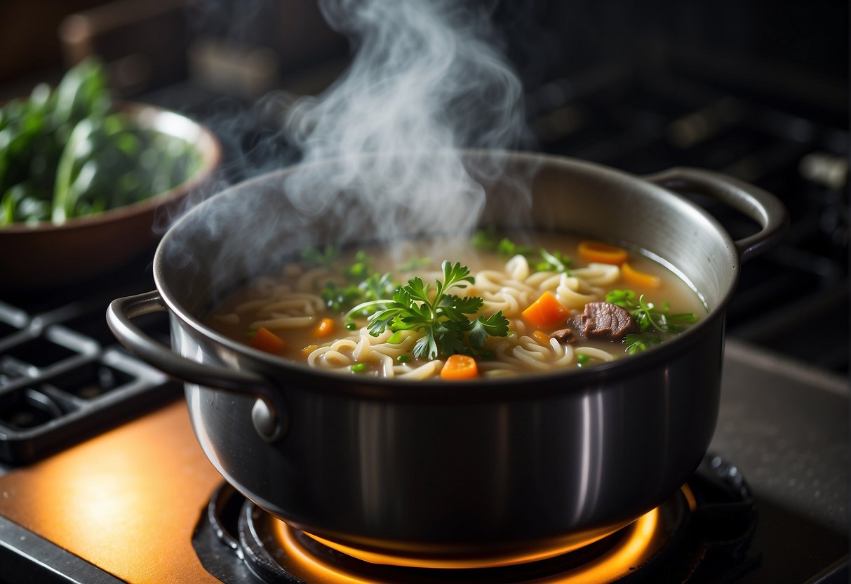 A steaming pot of Chinese soup simmers on a stove, filled with aromatic herbs, tender meat, and vibrant vegetables. Steam rises from the pot, filling the kitchen with mouth-watering scents