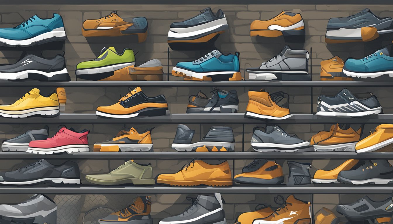 A lineup of top safety shoe brands displayed on shelves with bold logos and durable materials
