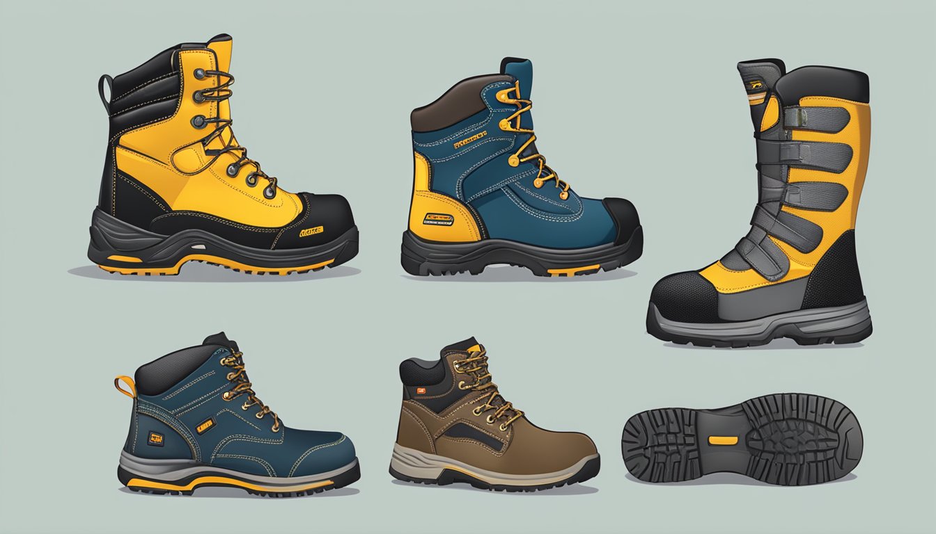 Safety footwear brands logos, durable materials, steel toe caps, slip-resistant soles, and comfortable padding
