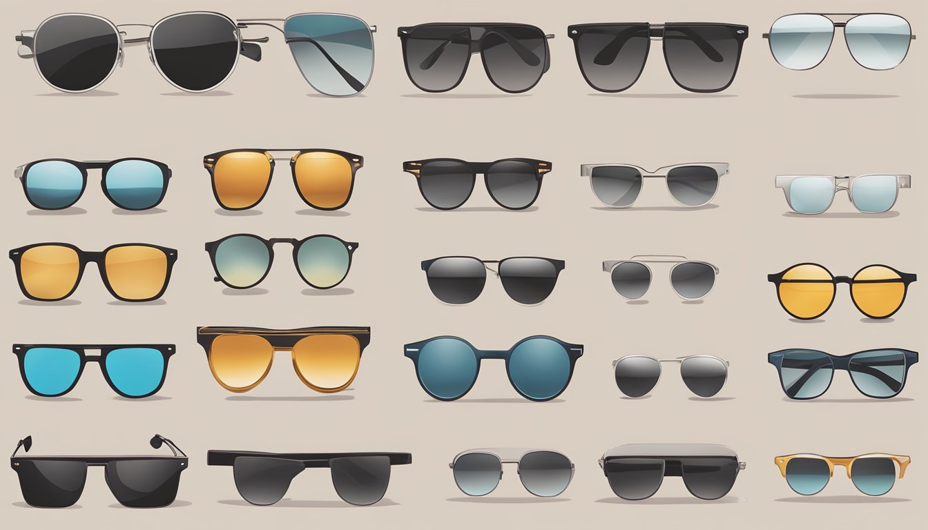 A timeline of sunglasses brands, from vintage to modern, displayed on a sleek, minimalist backdrop