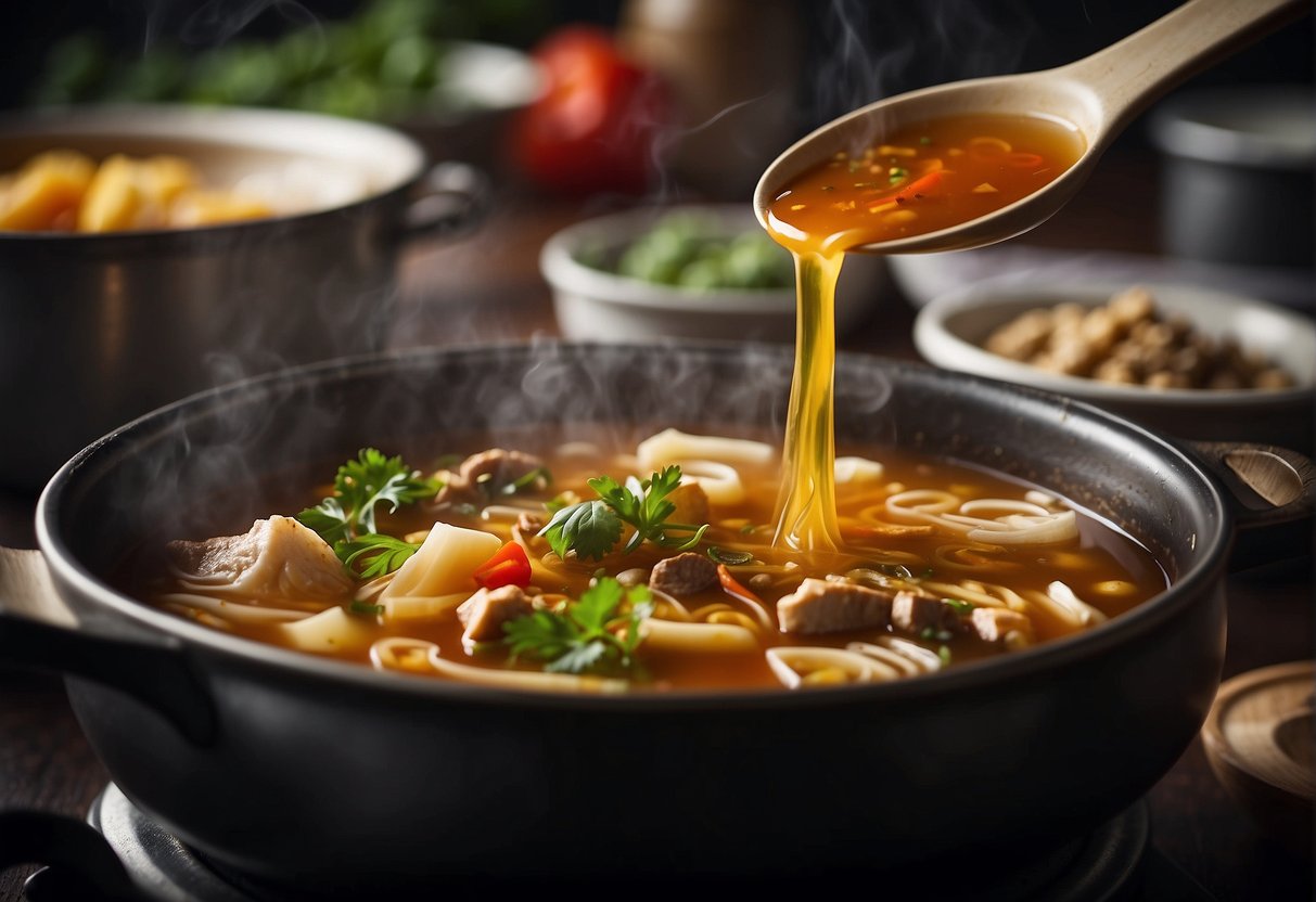 A pot simmering with Chinese soup ingredients, including flavor enhancers and aromatic spices, steaming and filling the air with rich, savory scents