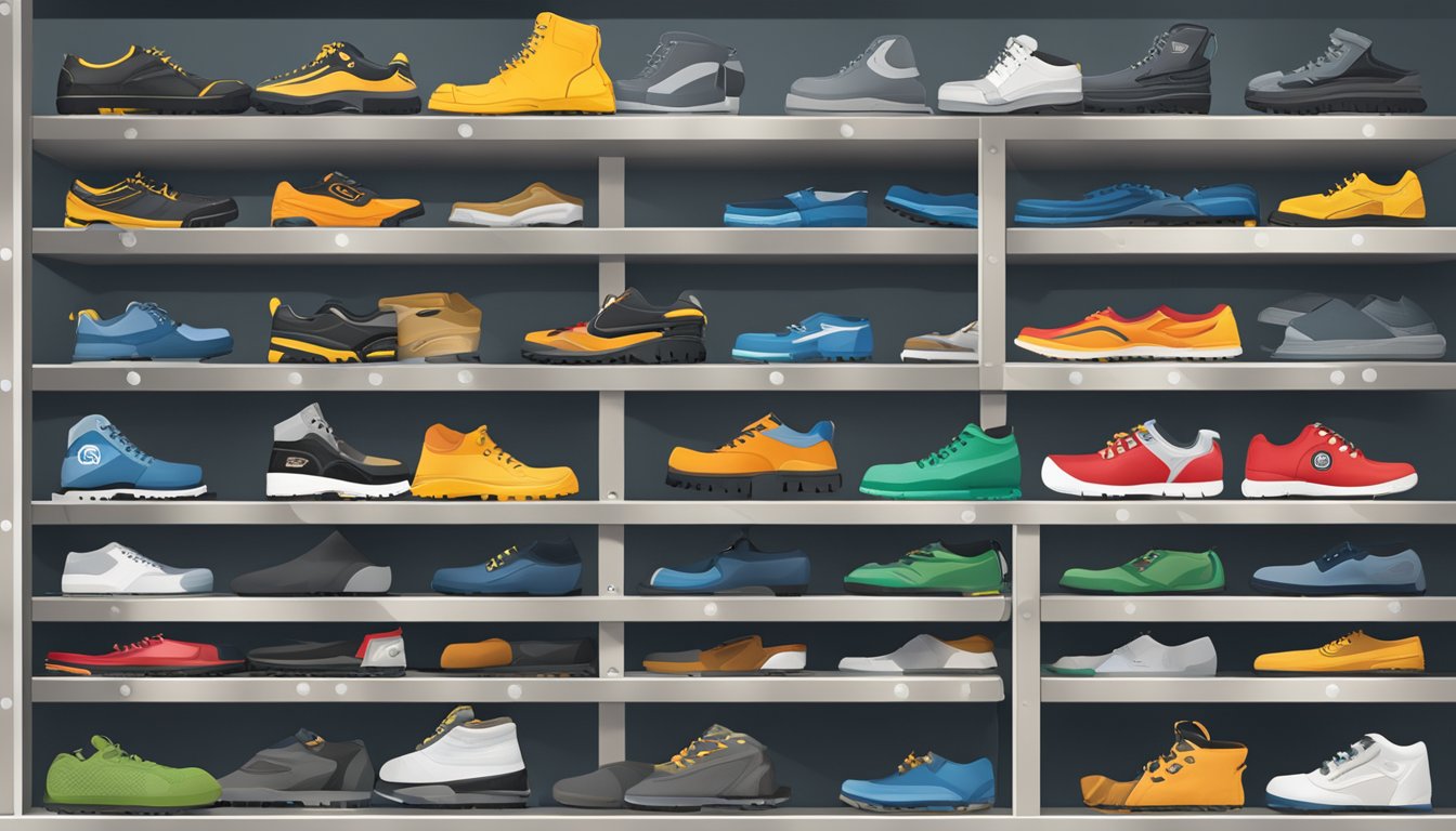 A shelf displaying various safety shoe brands with safety standards and certifications logos prominently displayed