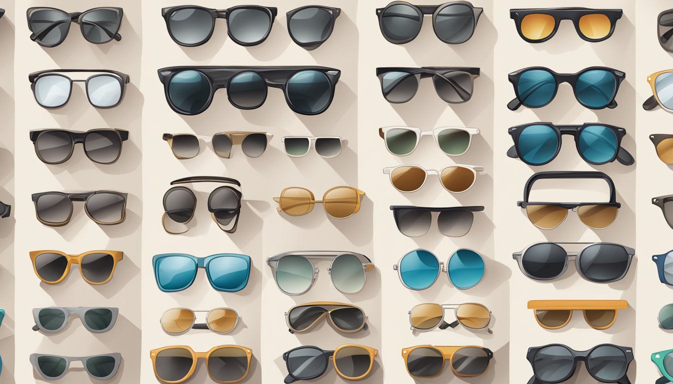 A hand reaches for various sunglasses brands on a display, carefully comparing styles and designs