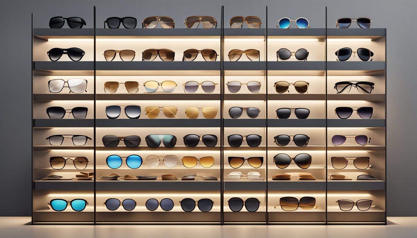A display of luxury and designer sunglasses brands arranged on sleek, modern shelves with soft, ambient lighting highlighting their exquisite details