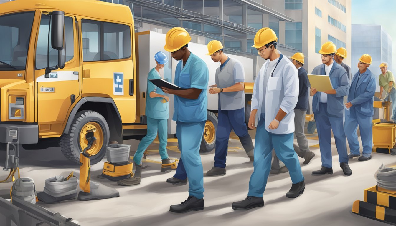 A construction site with workers wearing steel-toed boots, a hospital with medical staff in non-slip shoes, and an office with employees in professional dress shoes