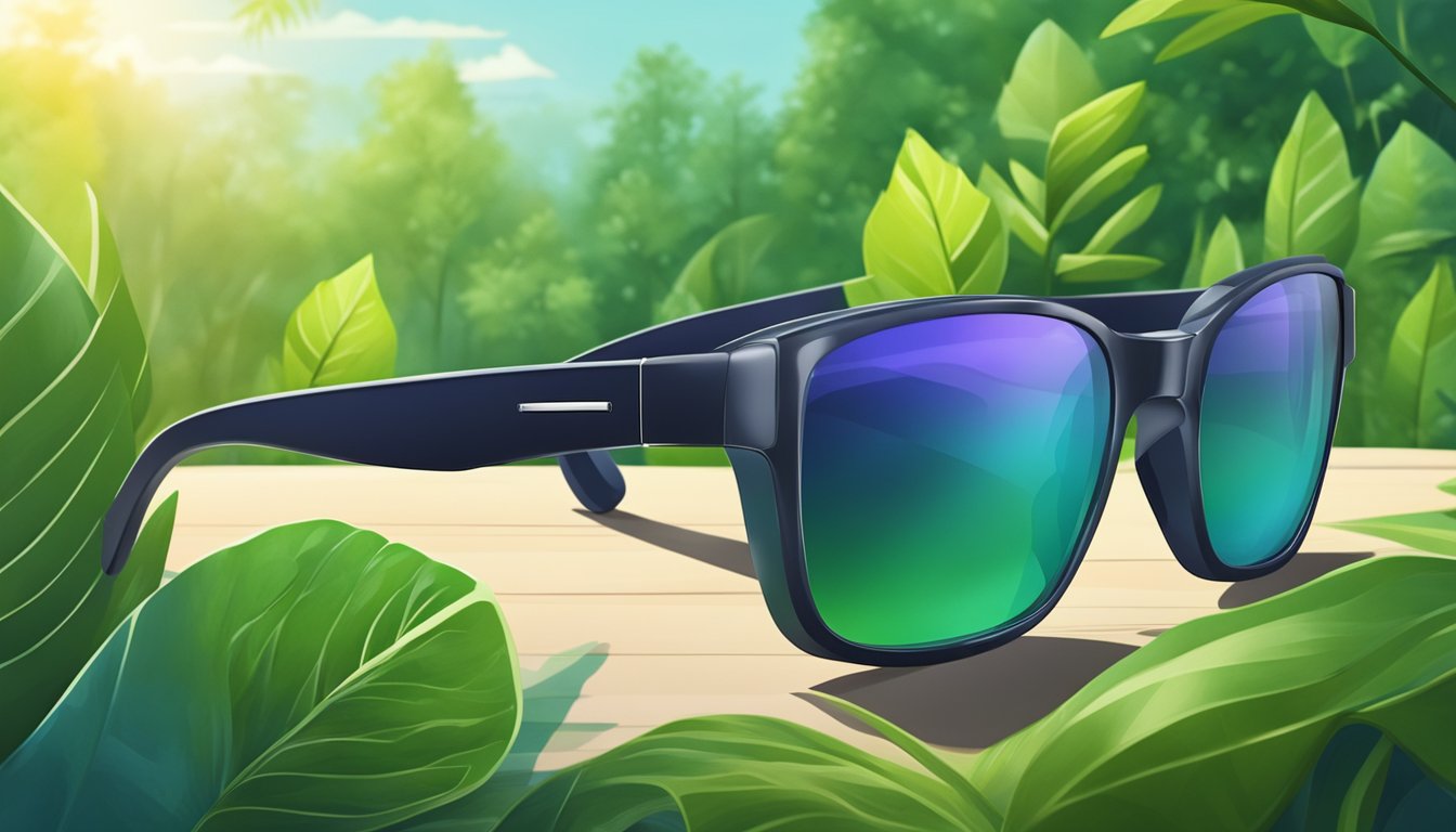 A pair of sleek, modern sunglasses with eco-friendly materials and innovative design, surrounded by lush greenery and renewable energy sources