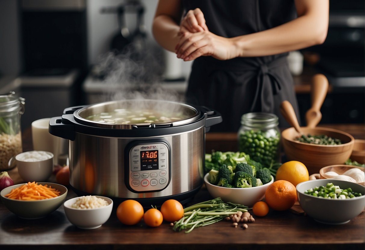 A person gathers ingredients and kitchen tools for making Chinese soup in an instant pot