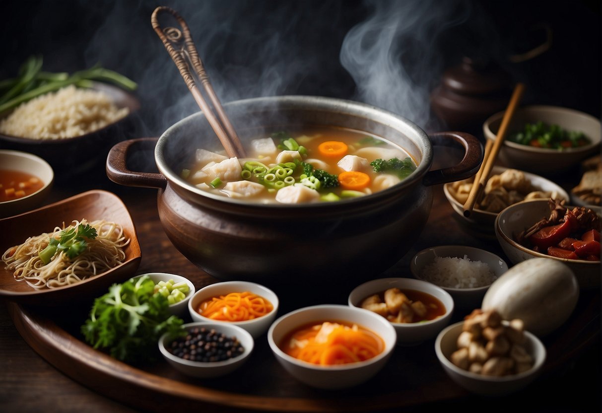 A steaming pot of Chinese soup surrounded by traditional ingredients and utensils