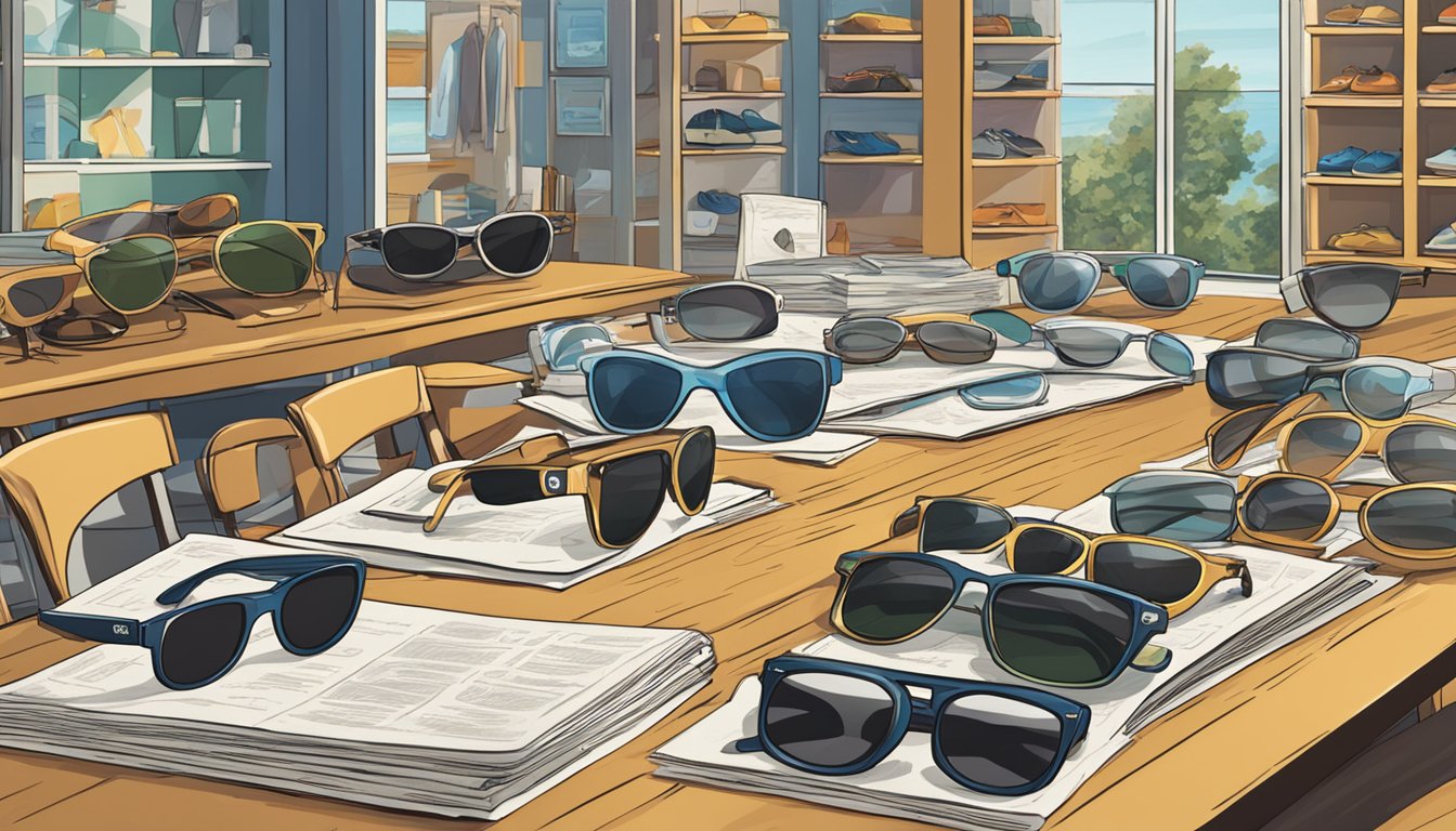 A table with various sunglasses brands' logos and a sign reading "Frequently Asked Questions" displayed prominently