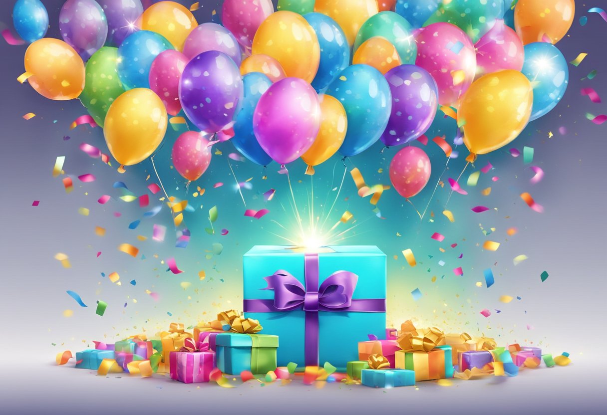 A colorful burst of confetti and balloons, with a wrapped gift box opening to reveal a shining star inside