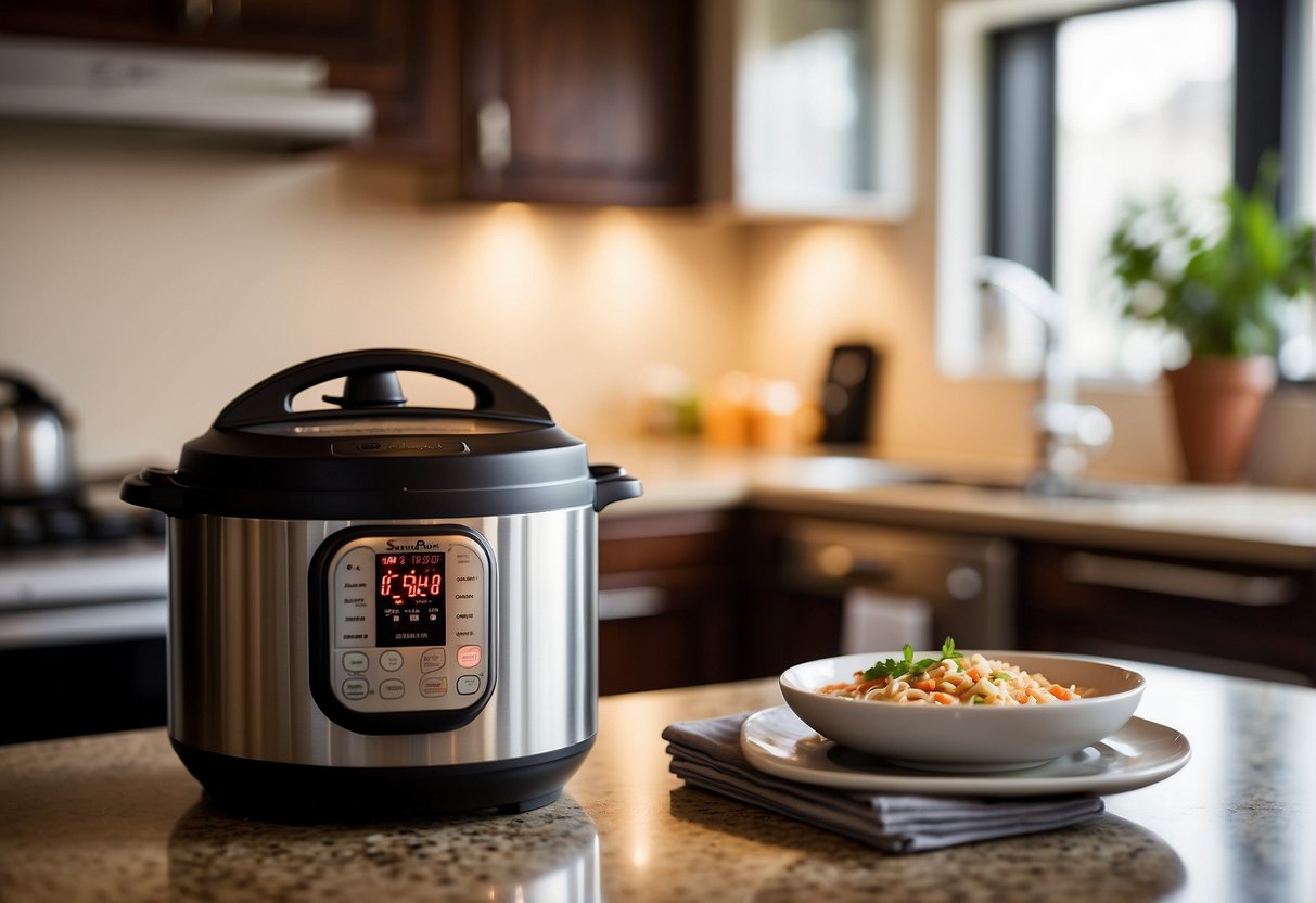 A steaming instant pot sits on a kitchen counter, filled with fragrant Chinese soup. A stack of recipe books and a laptop with "Frequently Asked Questions" open are nearby