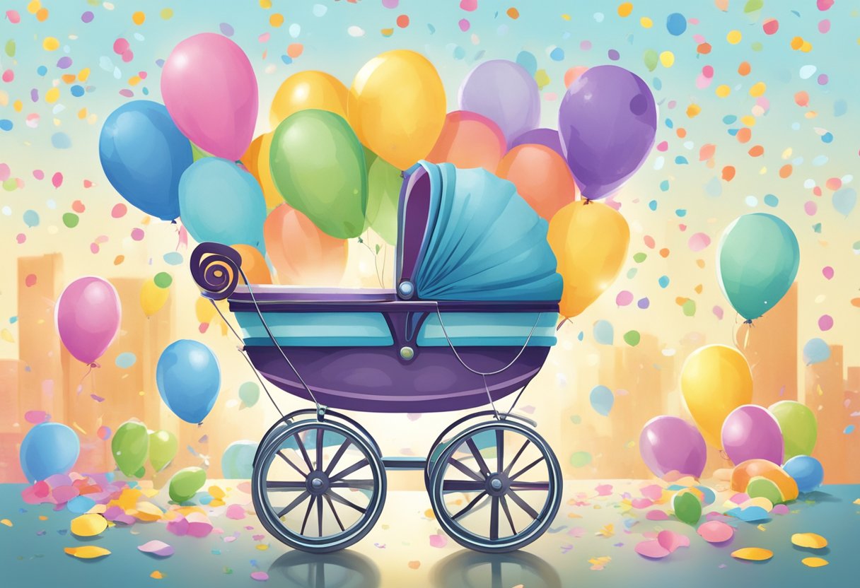 A baby carriage sits in a sunlit room, surrounded by colorful balloons and confetti. A name book is open, with the page turned to "Surprise" and "Unexpected"