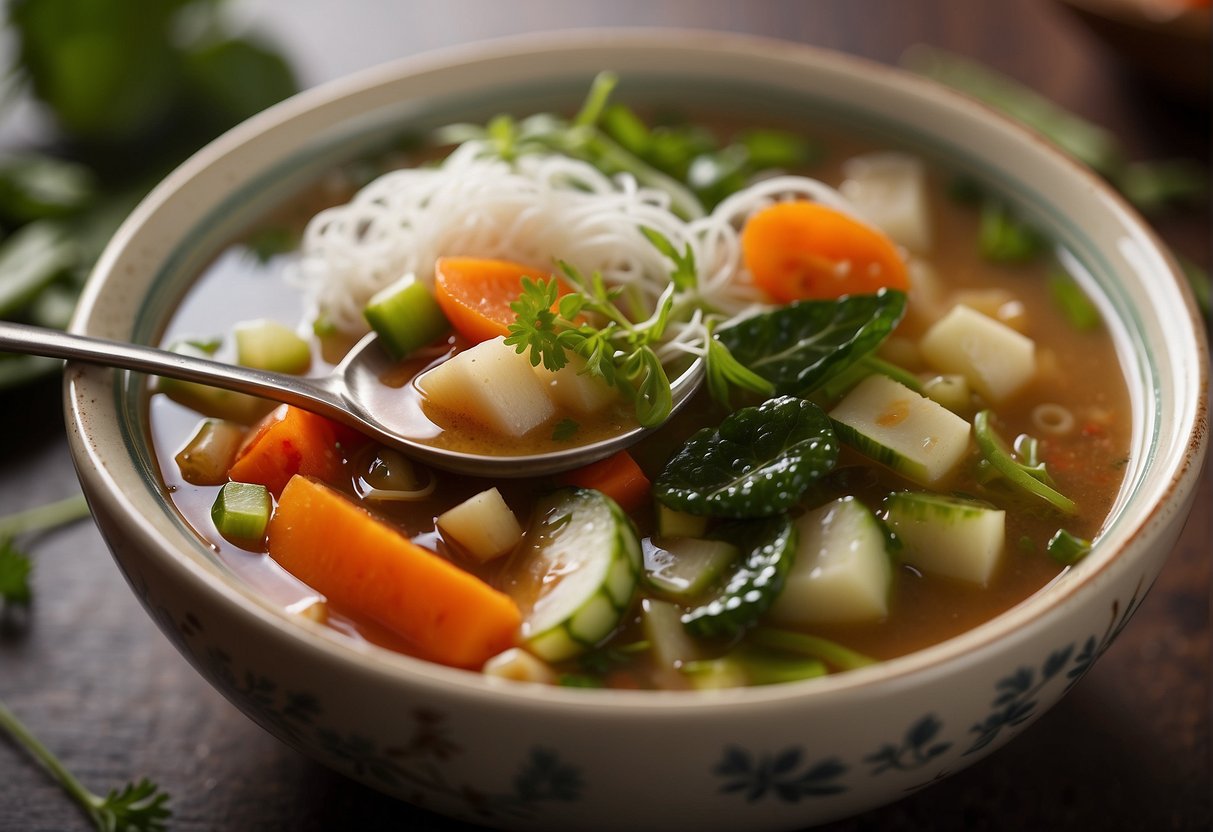 A steaming bowl of Chinese soup surrounded by fresh vegetables and herbs, with a spoon resting on the side