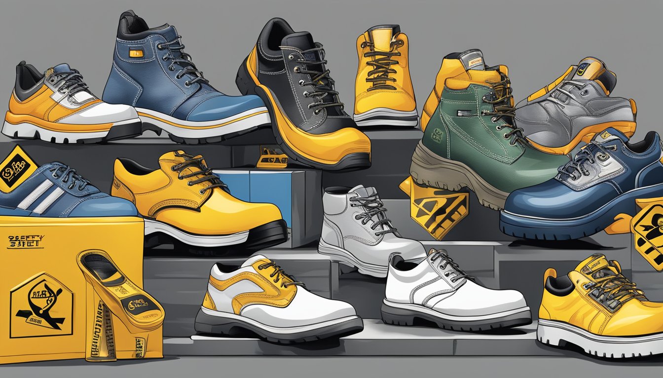 A display of various safety shoe brands with labels and logos, surrounded by caution signs and safety symbols