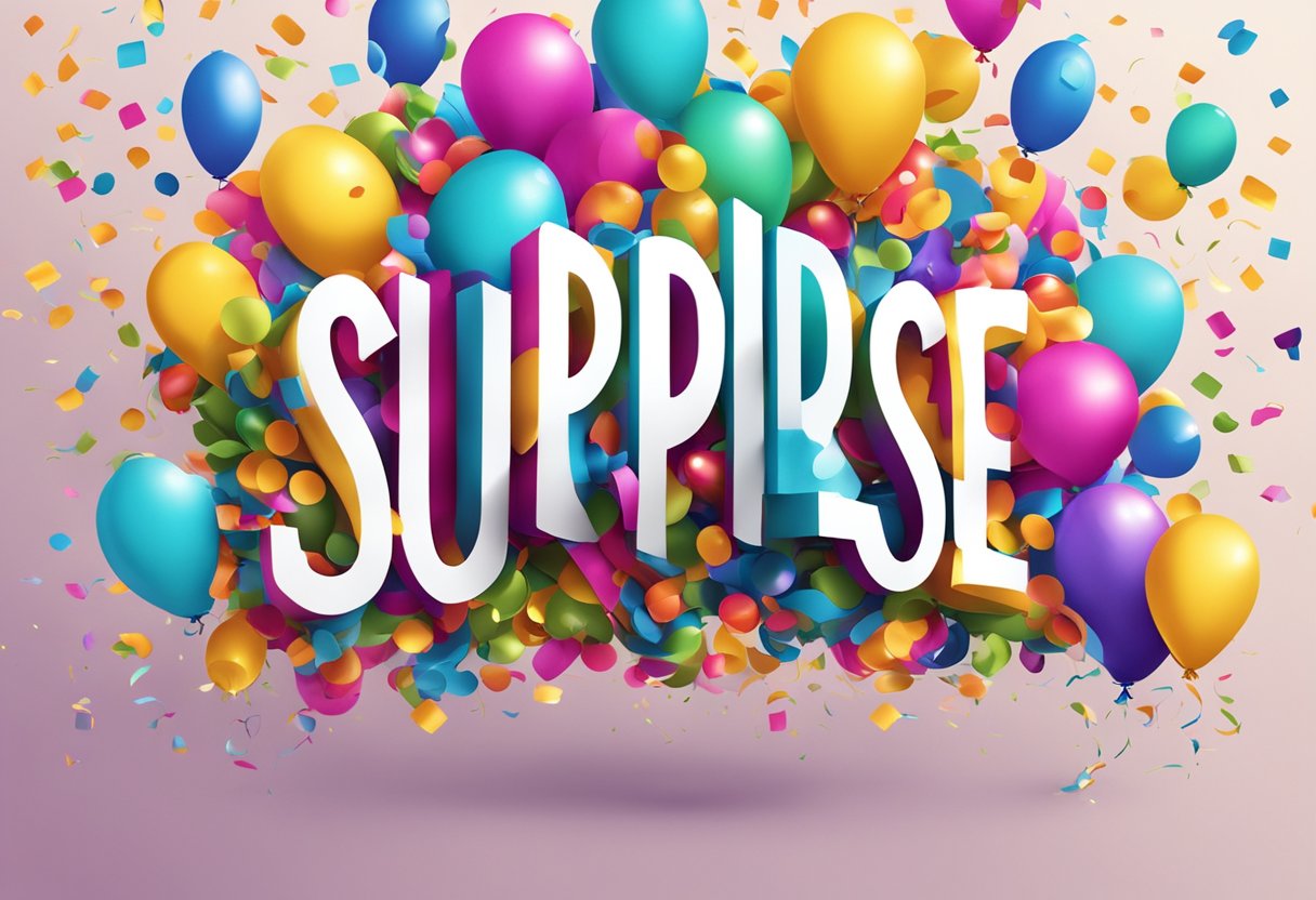 A colorful explosion of confetti and balloons with the word "Surprise" written in bold, playful letters