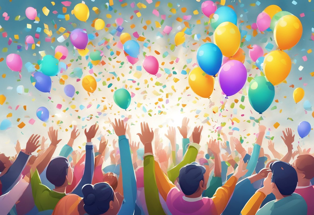 A colorful burst of confetti and balloons, symbolizing surprise and unexpected joy, fills the air in a celebratory scene