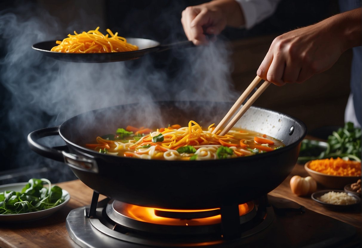 A wok sizzles over a high flame as ingredients are tossed in. Steam rises as the chef adds broth and simmers the soup. Aromatic spices fill the air